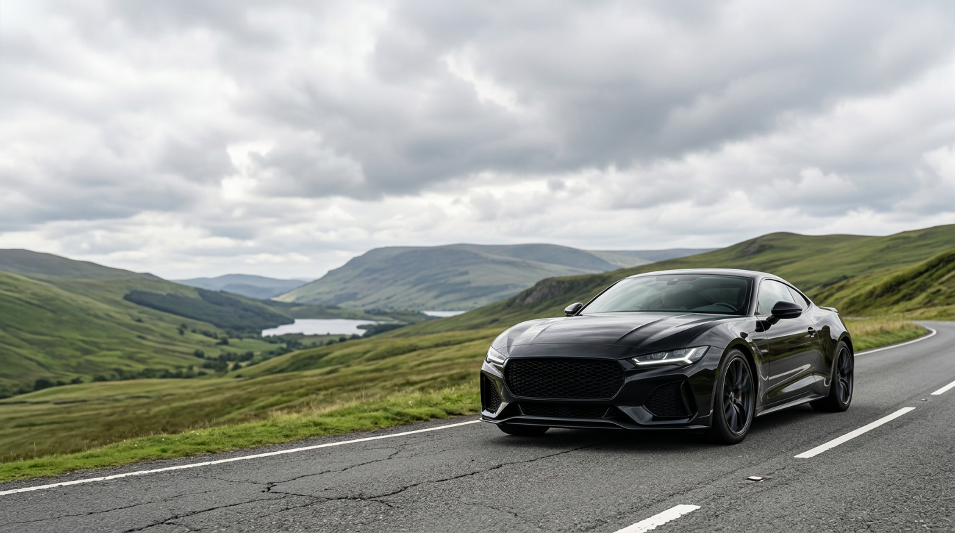 Black sports coupe on an open road through rolling hills