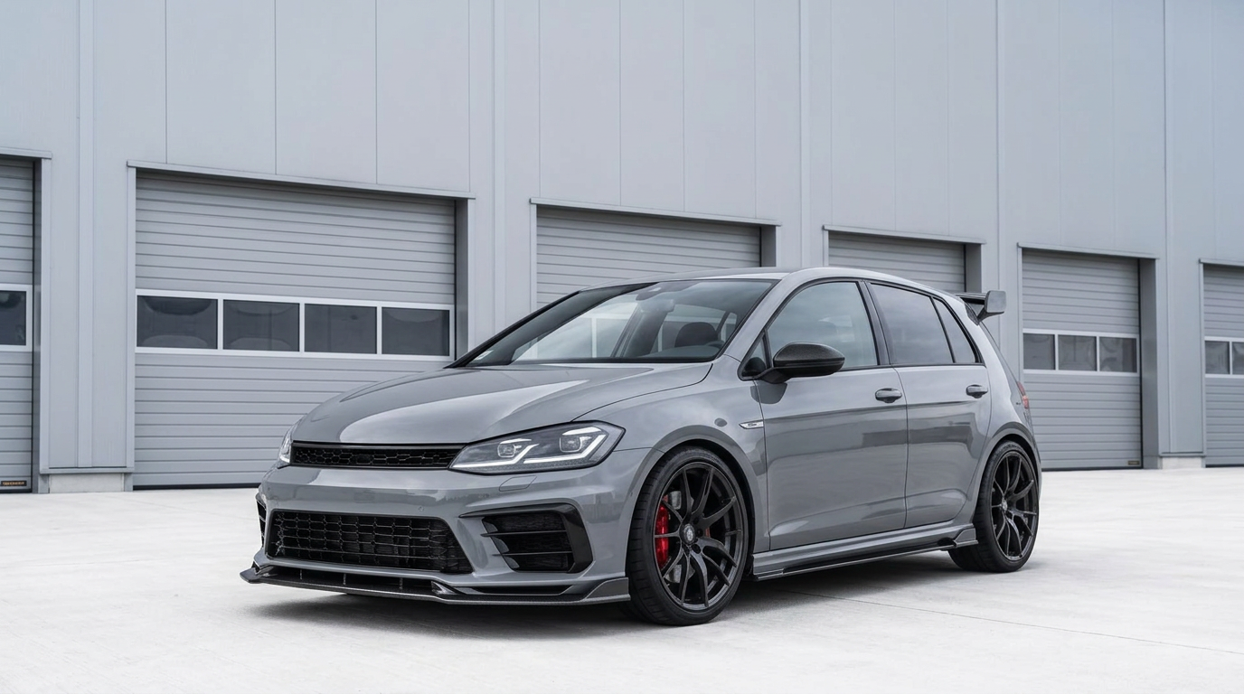 Modified grey hatchback outside a light grey garage