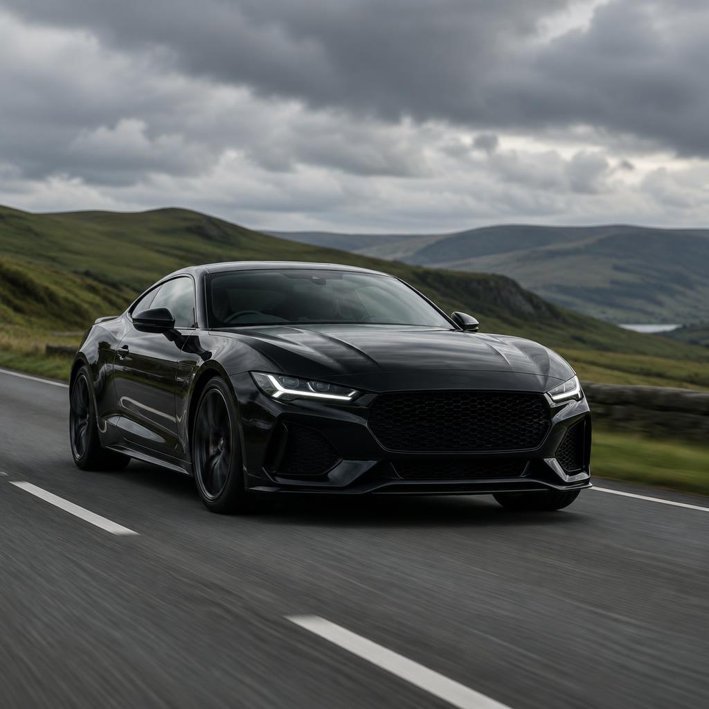 Black sports coupe driving on an open road